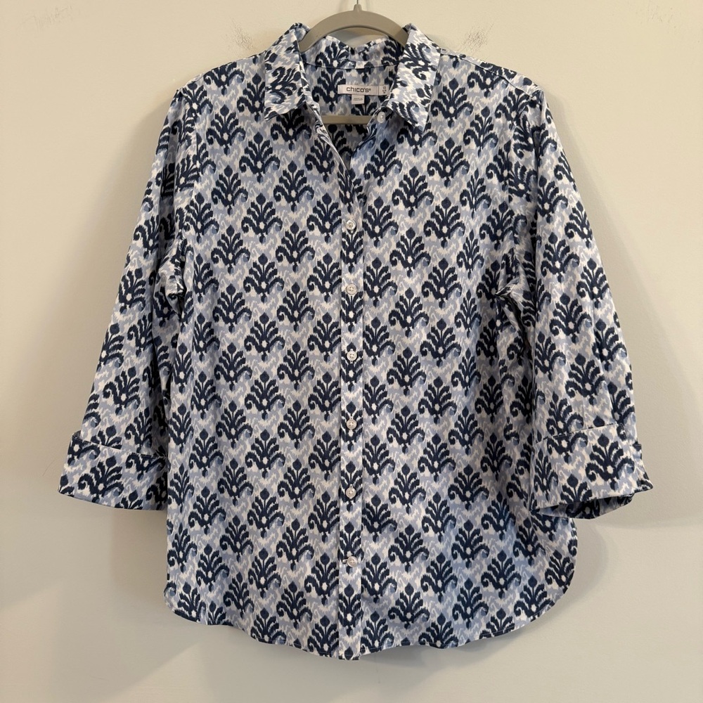 Chico's Navy and White Floral Button Down Shirt